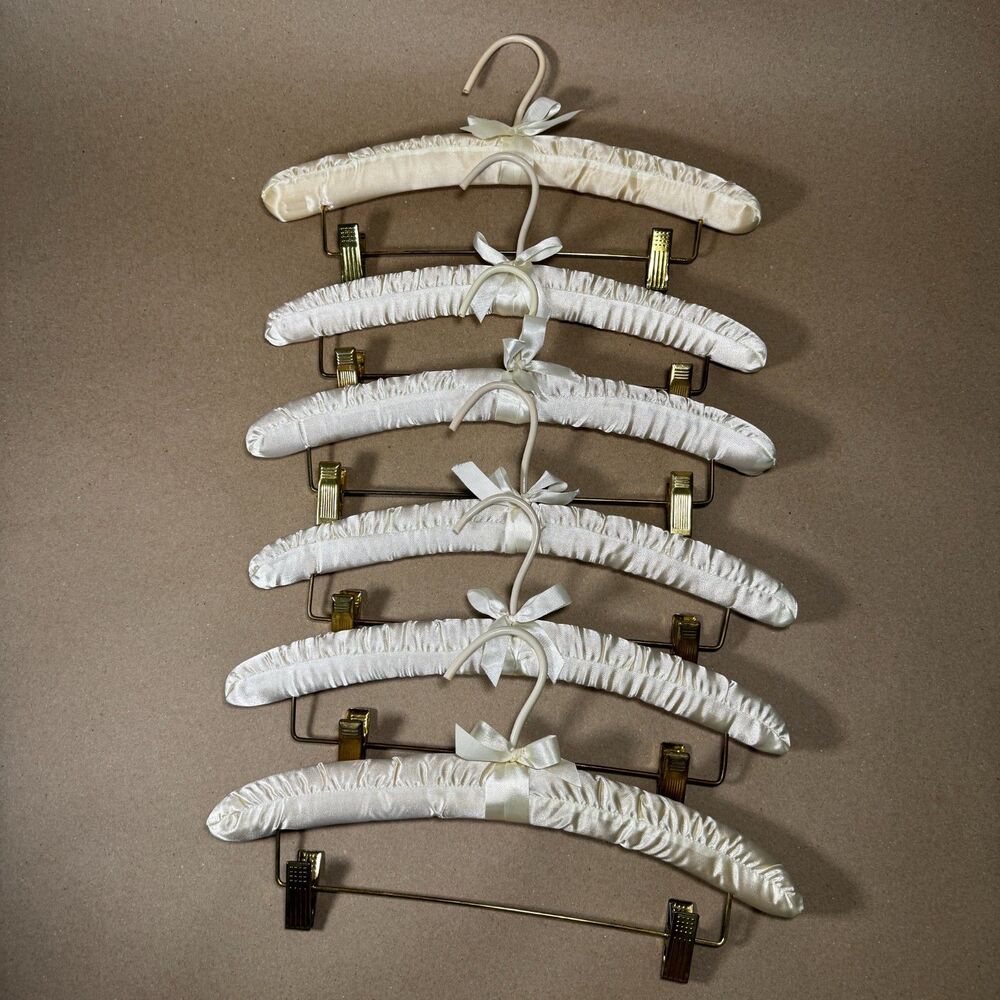 Vintage Ivory Satin Padded Hangers with Skirt Clips (Set of 6)